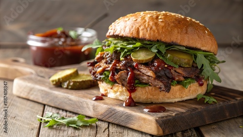 Savory bbq brisket sandwich piled high with fresh greens and pickles, served on a sesame bun alongside sides of pickles and sauce