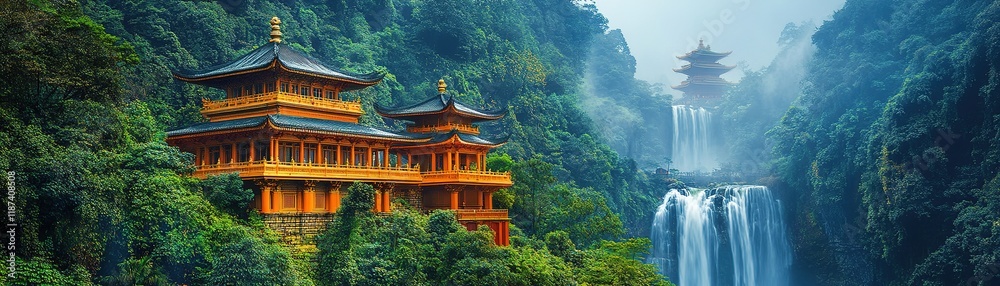 Naklejka premium Captivating waterfall view with ancient pagodas lush forest landscape photography serene nature aesthetic beauty