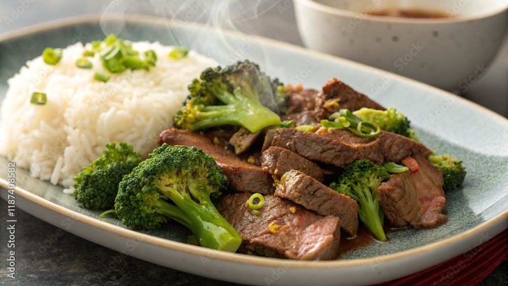 Sizzling plate of beef with broccoli and steamed rice served in an elegant setting Sizzling plate of beef with broccoli and steamed rice served in an elegant setting