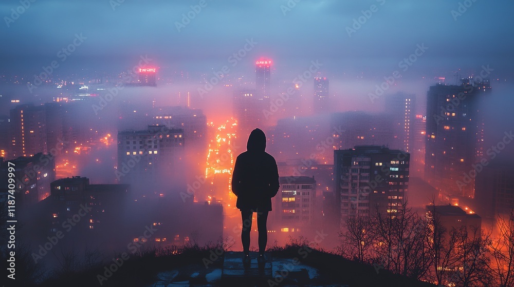 Fototapeta premium Mysterious nighttime cityscape urban setting atmospheric photography foggy environment silhouette viewpoint