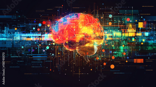 Digital Brain: A vibrant, digital illustration of the human brain, showcasing the intricate network of neural pathways and connections. This captivating image represents the power of the mind.