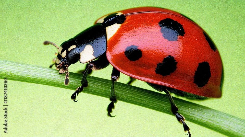 Naklejka premium Red & Black Lady Bug on Green Stem with White Spot