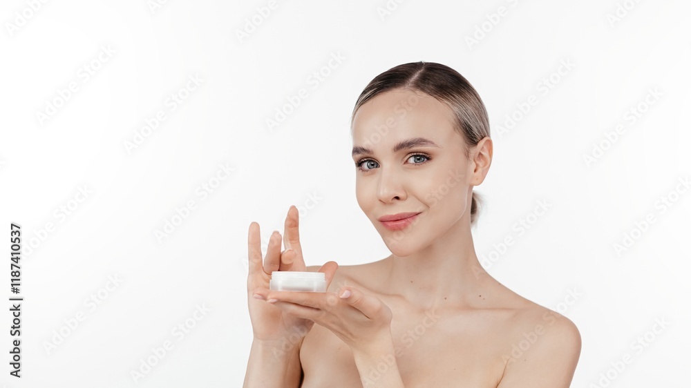 Woman, portrait and moisturizer with beauty in studio for collagen treatment, skin hydration and skincare. Mockup, happy and cream product with hyaluronic acid, retinol or wellness on white background Woman, portrait and moisturizer with beauty in studio for collagen treatment, skin hydration and skincare. Mockup, happy and cream product with hyaluronic acid, retinol or wellness on white background