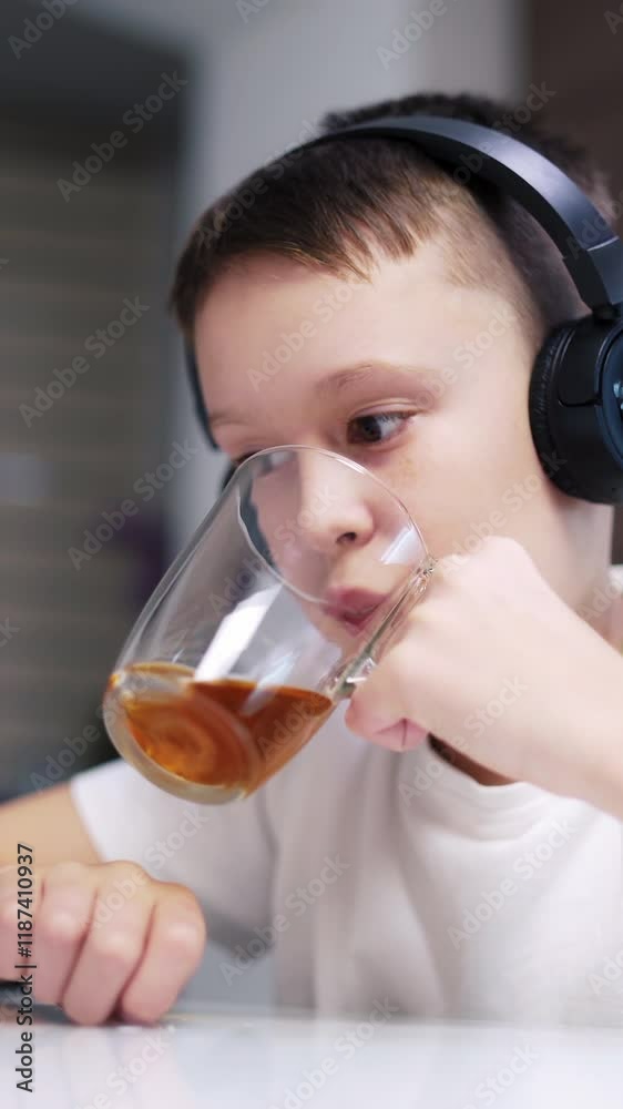 Boy drinking tea on table. Boy drinking tea at kitchen table and using digital tablet Boy drinking tea on table. Boy drinking tea at kitchen table and using digital tablet