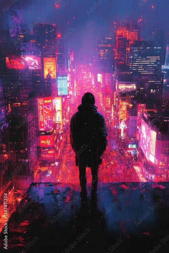Fototapeta premium Silhouetted figure overlooking rainy cyberpunk city.