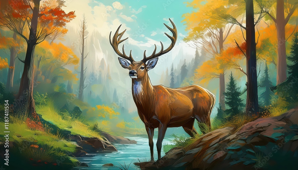 Fototapeta premium Striking Deer and Forest Art Illustration A Serene Landscape Painting with Rich Autumnal Colors, Depicting a Peaceful Animal Kingdom in a Tranquil Woodland Setting