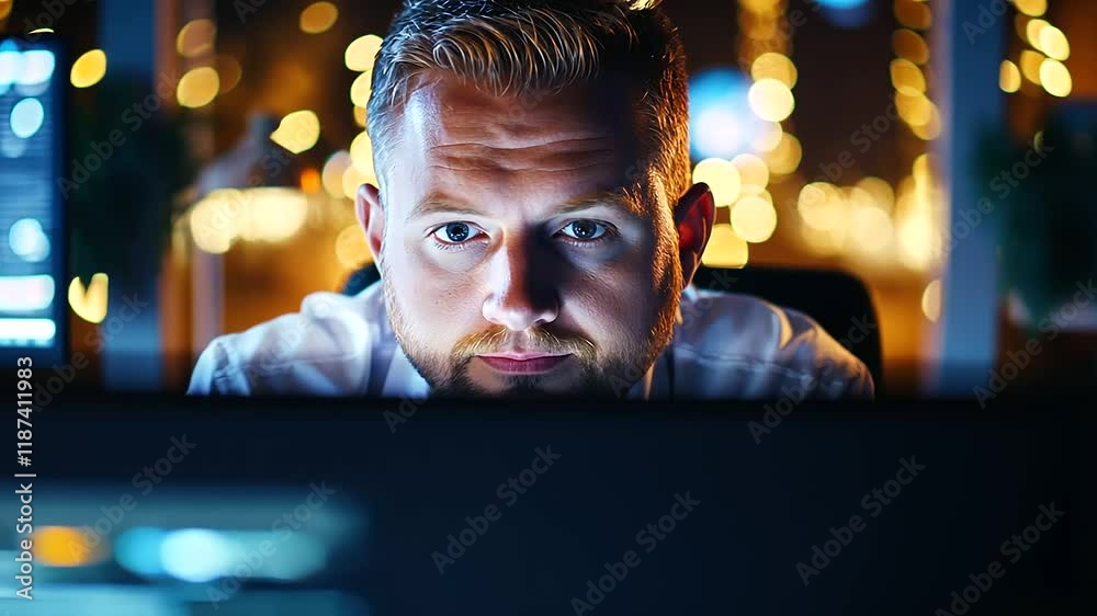 Focused Professional Working Late in Modern Office