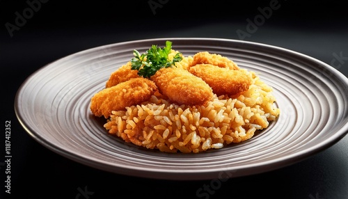 plato con arroz empanizado y con fondo negro photo