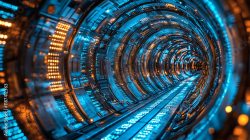 Into the Digital Vortex: A mesmerizing journey through a futuristic, glowing tunnel of intricate technology.  The vibrant blue and orange hues create a sense of wonder and infinite possibilities.