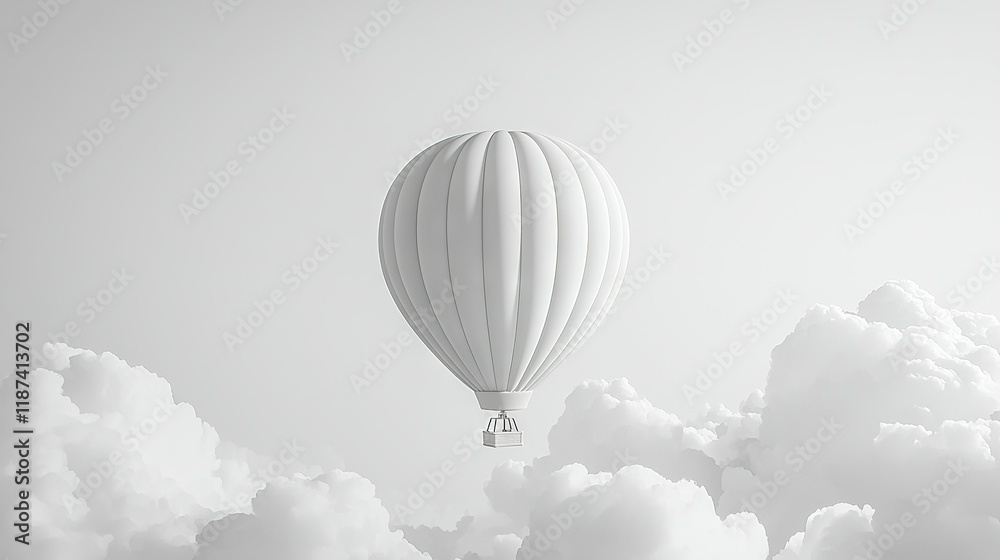 Obraz premium White hot air balloon flying in clear sky against cloudy background; monochromatic photo of hot air balloon soaring over the blue sky