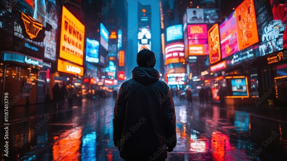 Person in rain, vibrant city lights reflecting. Person in rain, vibrant city lights reflecting.