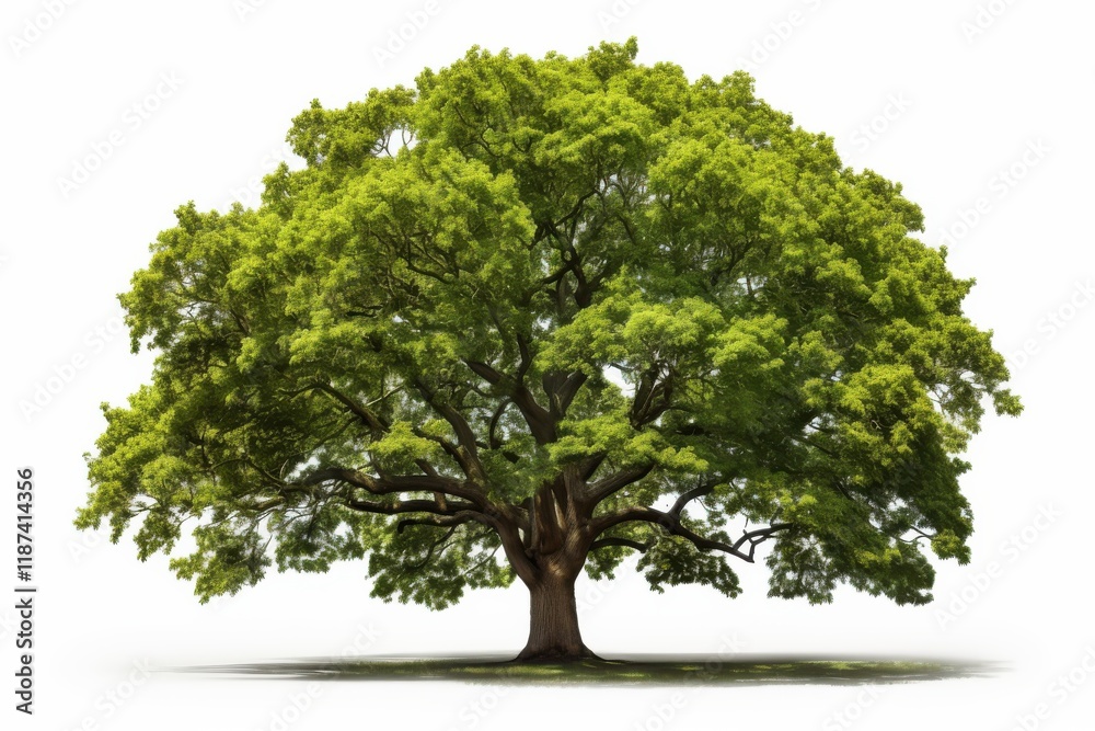 Large green oak tree with a wide canopy in a sunny outdoor setting surrounded by grass