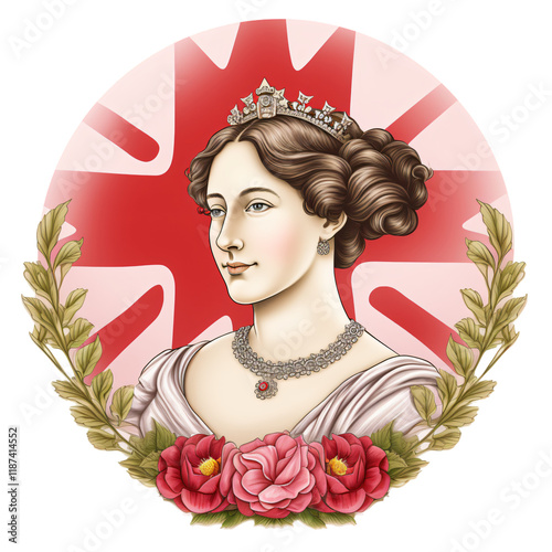 Queen Victoria illustration elaborate floral wreath regal crown British national symbol vintage artwork Day historical design royal artistic,clipart,red,uk,watercolor,round,frame,painting,history