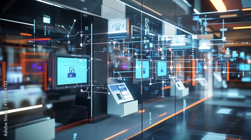 Abstract rendering of retail banking showcasing symbolic branch interconnected nodes representing customer services Abstract rendering of retail banking showcasing symbolic branch interconnected nodes representing customer services