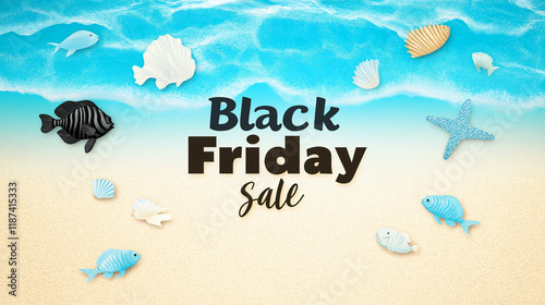 Minimalist ocean Black Friday sale banner sustainable aquatic marine life eco-friendly design coastal aesthetic modern marketing campaign promoting shopping,clipart,wallpaper,simple,sand,art,bold photo