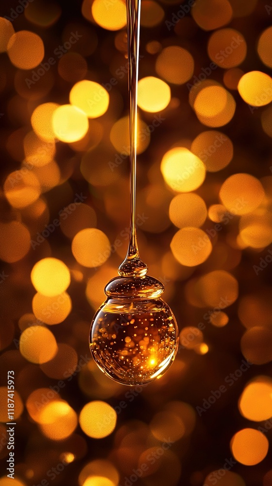 A glass ornament dangles on a string in front of a golden-orange light backdrop A glass ornament dangles on a string in front of a golden-orange light backdrop