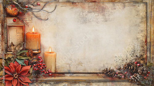 Vintage Christmas candle light frame warm holiday glow poinsettia pinecone berries textured background festive design holiday invitation,greeting,card,wallpaper,clipart,frame.scrapbook,paper,backdrop