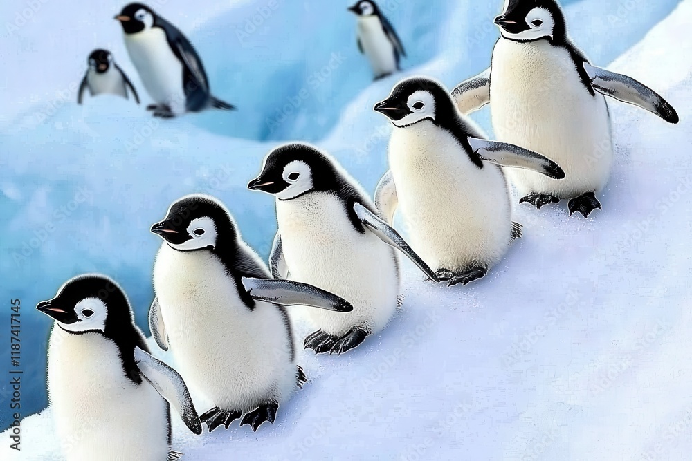 Obraz premium A group of adelie penguins tobogganing down an icy slope, gleefully sliding into the sea