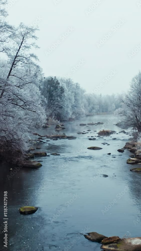 Aerial view of winter river. Winter snow covered forest and river from above