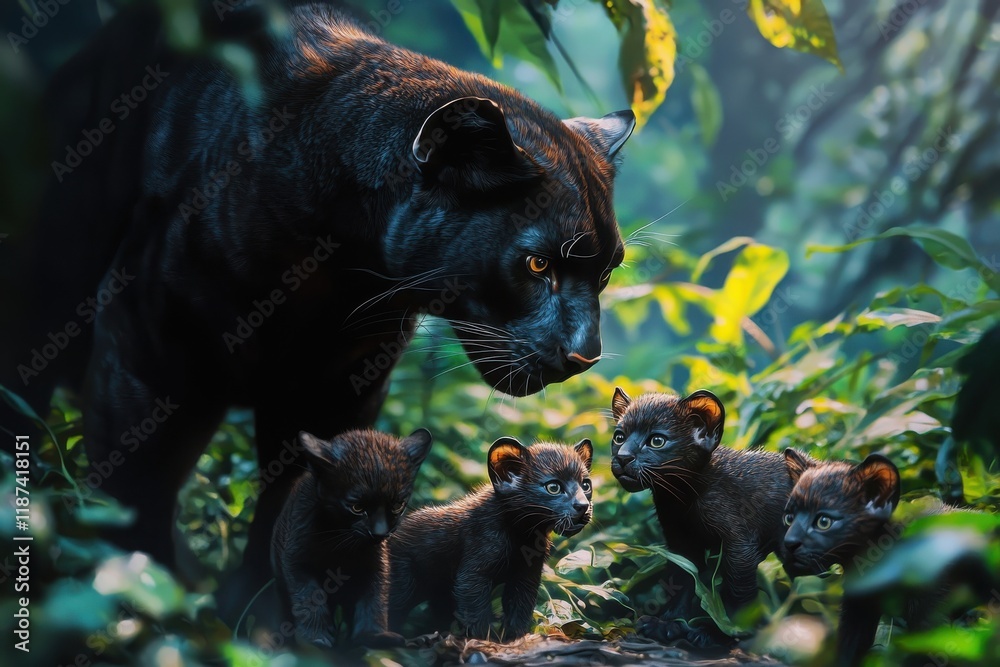 Black panther with playful cubs resting together in a vibrant jungle setting during the golden hour. Generative AI Black panther with playful cubs resting together in a vibrant jungle setting during the golden hour. Generative AI