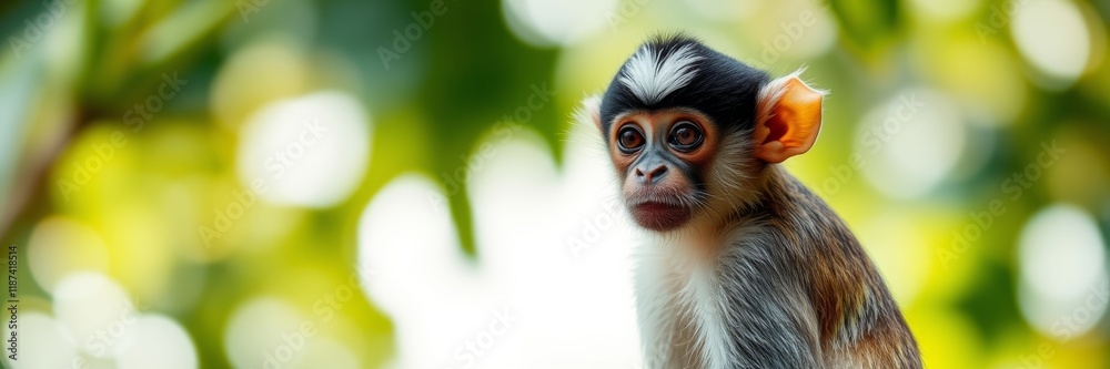 Curious Baby Monkey with Wide Eyes Gazing Intently Against Blurred Green Background