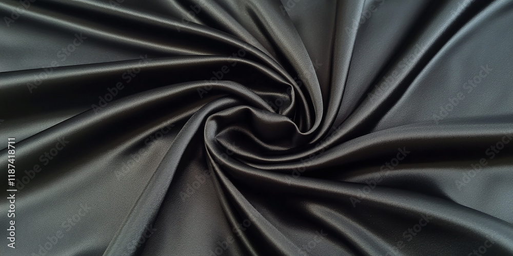 Obraz premium A close-up of smooth black satin fabric folded in soft spirals, creating an elegant and luxurious texture. The fabric’s silky sheen reflects light subtly, enhancing the rich dark tone.