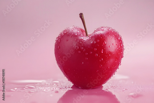 A red apple in the shape of a heart on a pastel pink background.  Design Concept.