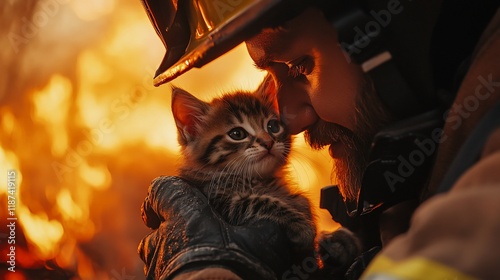 Firefighter gently kisses rescued kitten amidst raging fire. photo