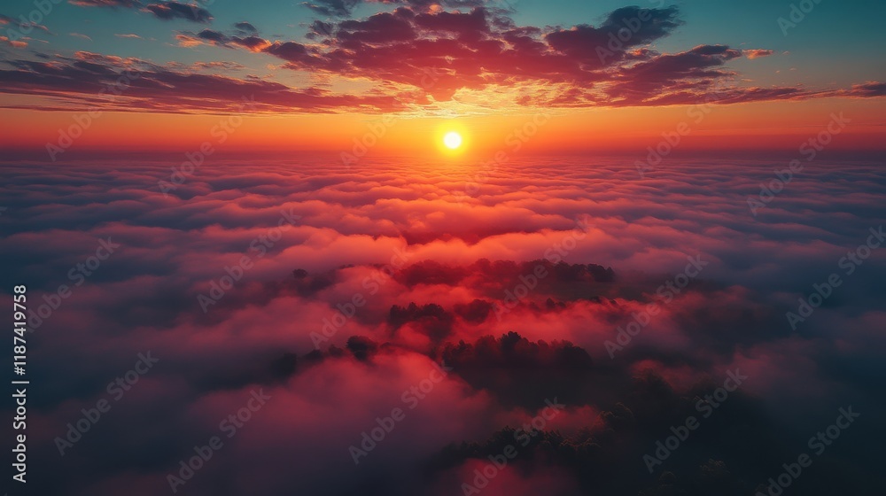 Fototapeta premium aerial drone descent over old village at sunrise aerial camera bird eye view unsurpassed view of the sun which illuminates the whole landscape thick fog covered all the fields