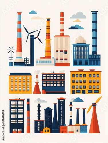 Colorful industrial illustration showcasing factories, wind turbines, and various buildings representing modern industry.