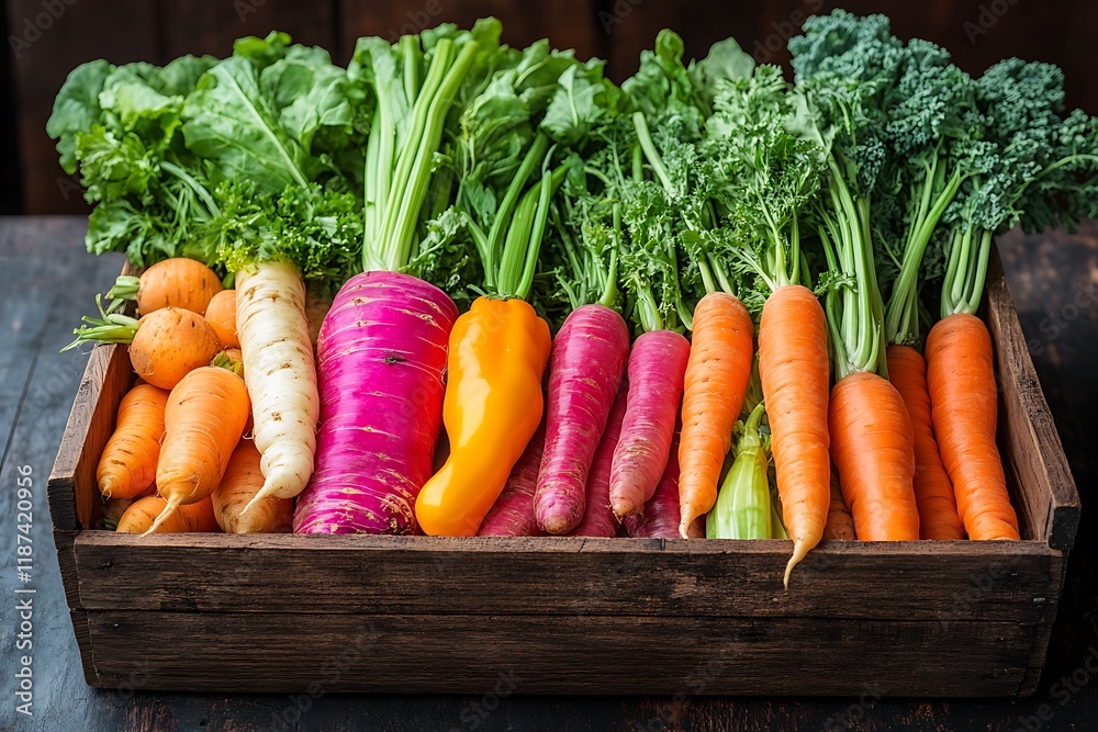Colorful Fresh Vegetables In A Wooden Crate Colorful Fresh Vegetables In A Wooden Crate