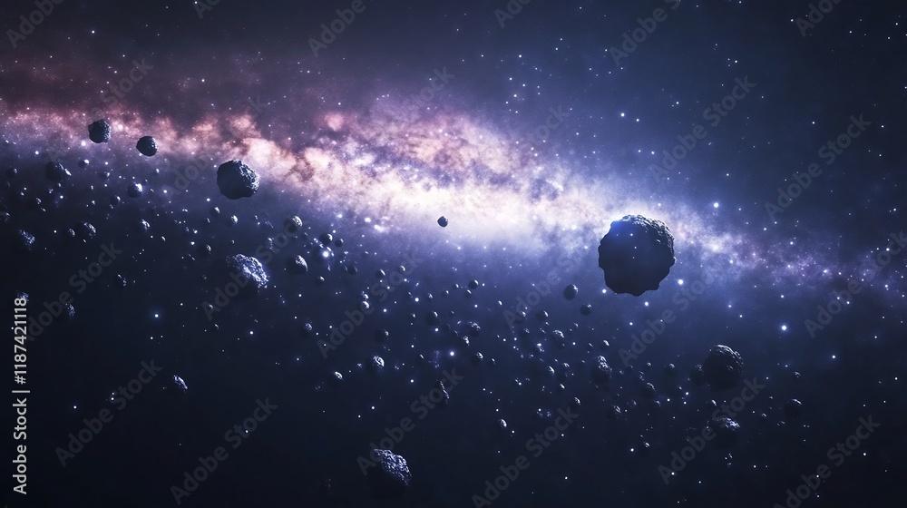 Asteroids comets flying through Kuiper Belt illuminated by the distant glow of the Milky Way Asteroids comets flying through Kuiper Belt illuminated by the distant glow of the Milky Way