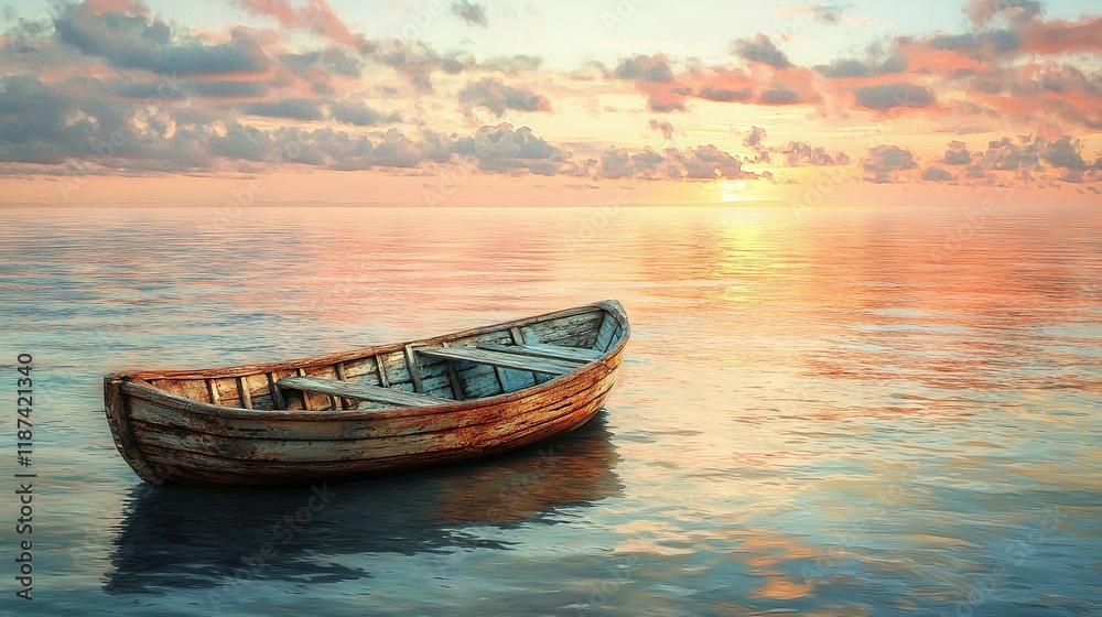 A tiny vessel bobbing atop tranquil water beneath a murky canopy, with the sun faintly visible beyond A tiny vessel bobbing atop tranquil water beneath a murky canopy, with the sun faintly visible beyond