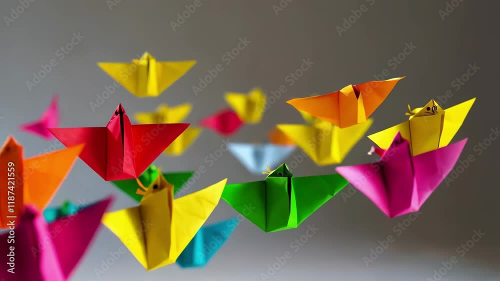 Vibrant origami birds soaring gracefully against neutral gray backdrop, highlighting intricate paper folding creativity and craftsmanship
