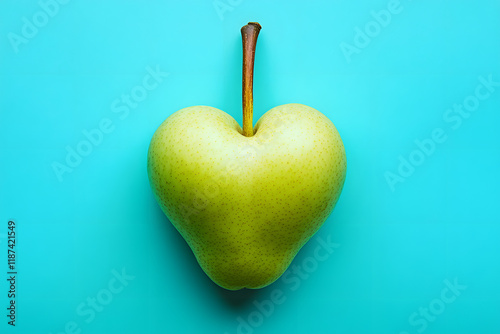 A green pear in the shape of a heart on a pastel blue background. Design Concept.