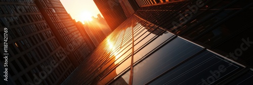 This architectural photograph captures the golden hues of sunset reflecting off a sleek skyscraper, symbolizing urban beauty and the passage of time. photo