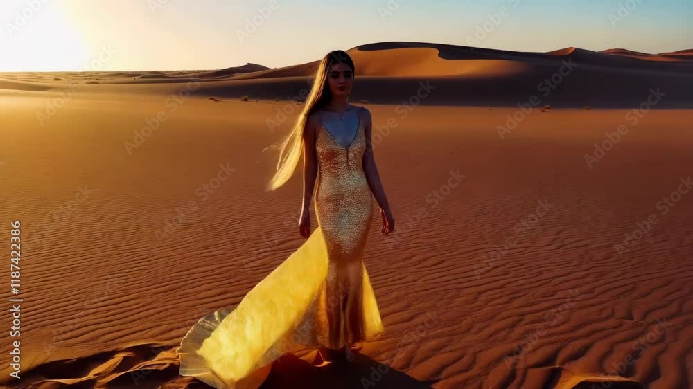 Elegant fashion model traversing golden desert landscape, wearing flowing dress during dramatic sunset moments