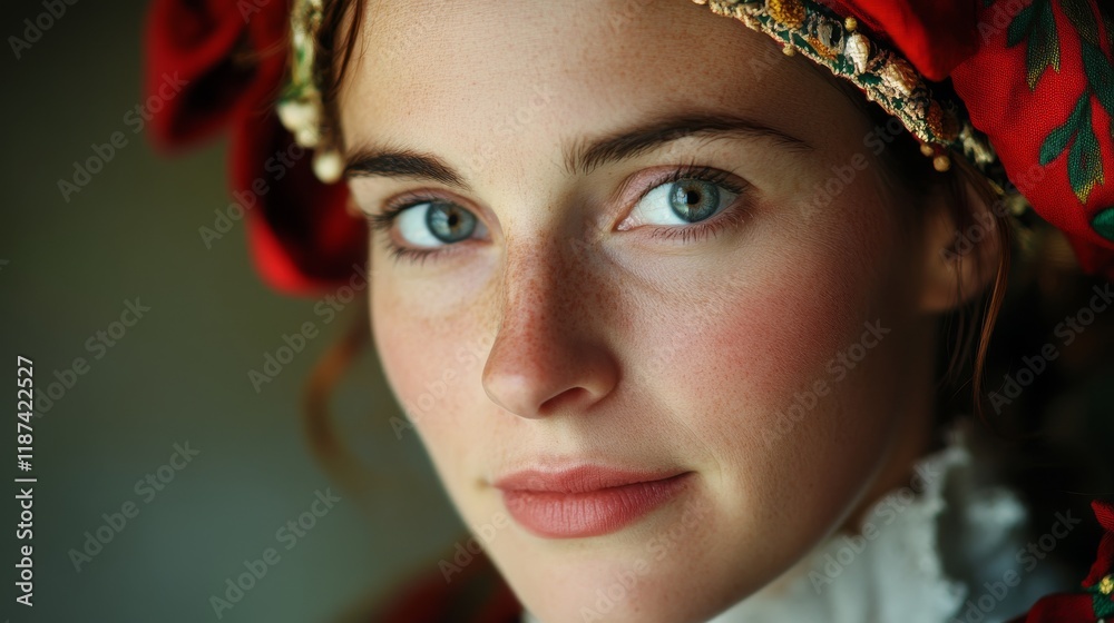 Obraz premium Portrait of a Welsh woman in Welsh national and cultural costume. Woman from Wales in traditional Welsh dress.