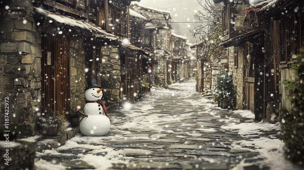 Obraz premium 曇り空の中、雪舞う古い街並みと石畳に佇む雪だるま