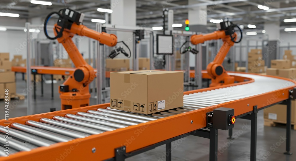 A cardboard box on a conveyor belt in an automated warehouse, representing micro-fulfillment and efficient order processing. A cardboard box on a conveyor belt in an automated warehouse, representing micro-fulfillment and efficient order processing.
