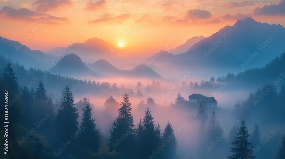 Fototapeta premium beautiful sunrise in the mountains with fog crawling between the trees and houses in a village