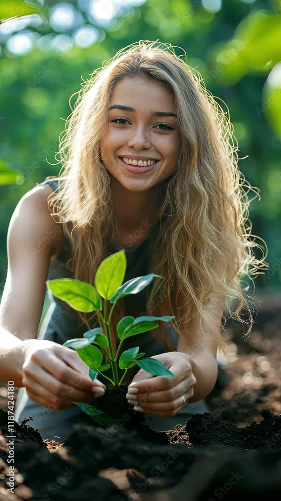 A smiling woman, surrounded by sunlight and nature, is planting a green sapling outside as part of an environmental activity. A smiling woman, surrounded by sunlight and nature, is planting a green sapling outside as part of an environmental activity.