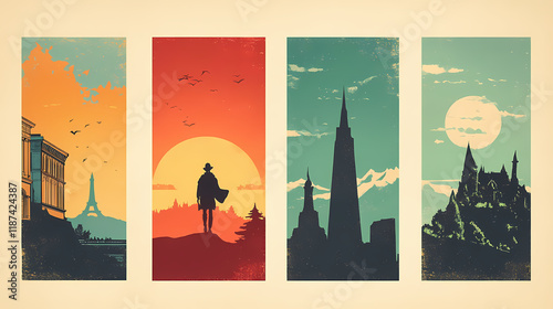 Vintage travel posters: a collection of four retro-style travel posters, each showcasing a different city or destination, with iconic silhouettes and a nostalgic aesthetic. Willowshade. Illustration photo