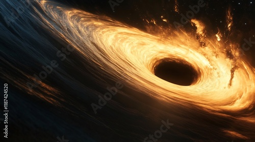 Time dilation near black holes event horizon depicted with distorted light intense gravitational pull and the curvature of spacetime