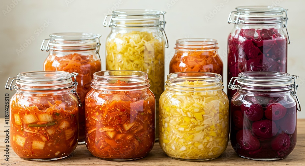 A vibrant collection of assorted fermented foods displayed in clear glass jars, featuring a colorful array of textures and hues from vegetables and fruits, symbolizing healthy probiotic rich cuisine. A vibrant collection of assorted fermented foods displayed in clear glass jars, featuring a colorful array of textures and hues from vegetables and fruits, symbolizing healthy probiotic rich cuisine.
