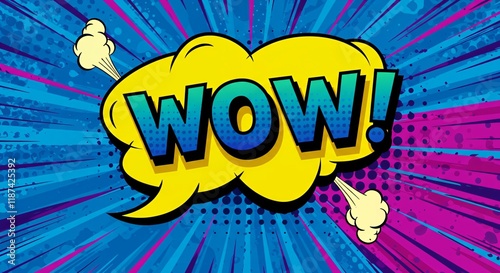 A vibrant, comic book-style illustration featuring a bold, attention-grabbing speech bubble with the word WOW in capital letters, often used to express surprise or amazement in pop art designs.