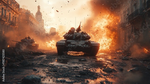 Tanks passing through a destroyed city, being bombed by the enemy