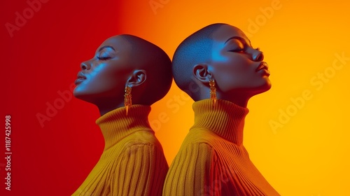 Dynamic duo in afrofuturistic style, featuring bold colors. Captivating portrait of two models embodying afrofuturistic elegance and power. photo