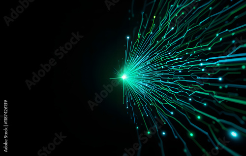 A vibrant green and blue digital stream converging into a sharp point, symbolizing data flow and innovation on a black background  photo