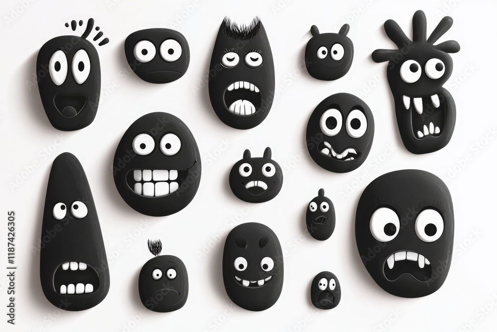 A group of black and white faces with eyes, ideal for illustration or graphic design projects A group of black and white faces with eyes, ideal for illustration or graphic design projects